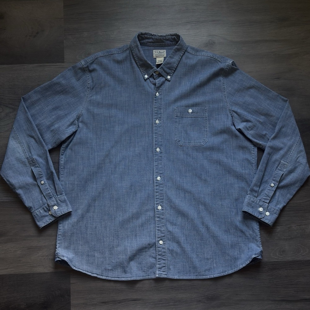 Vintage L.L. Bean Denim Oxford Long Sleeve Shirt Mens XL Blue Single Pocket